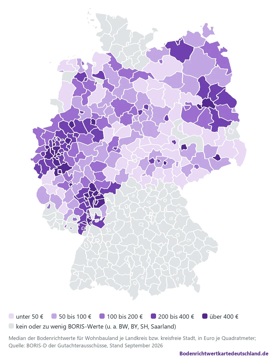 Bodenrichtwertkarte Deutschland je Landkreis: Median der Bodenrichtwerte für Wohnbauland, am höchsten im Rheinland, im Rhein-Main-Gebiet und rund um Berlin
